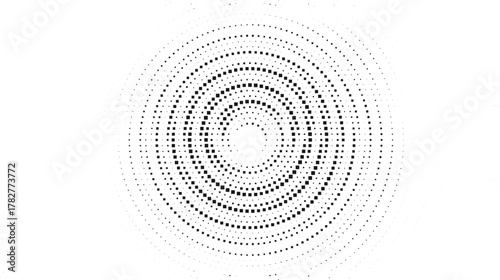 Concentric halftone ring pattern with evenly spaced dotted lines forming radial motion effect, modern abstract round background suitable for posters, web graphics, packaging and futuristic branding
