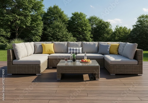 Contemporary outdoor sectional sofa and coffee table made of weatherproof rattan on a clean wooden deck, perfect for summer entertaining, home, wood, wicker