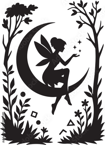 Enchanting fairy silhouette collection for magical designs and whimsical creations, Beautiful fairy silhouette vector, foliage, and plants surrounding the central figure.
