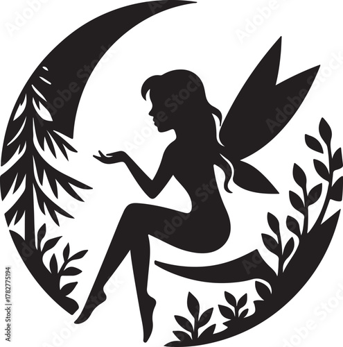 fairy and moon silhouette vector design, graceful silhouette with flowing hair and butterfly-like wings, perched on a crescent moon. symbolizing magic and wonder.