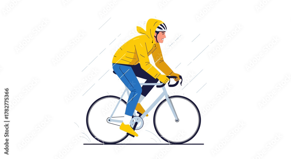 Fototapeta premium Cyclist in Yellow Jacket Riding Bicycle on White Background. Vector Illustrations. EPS Editable