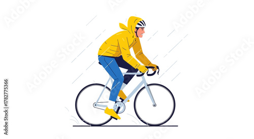 Cyclist in Yellow Jacket Riding Bicycle on White Background. Vector Illustrations. EPS Editable