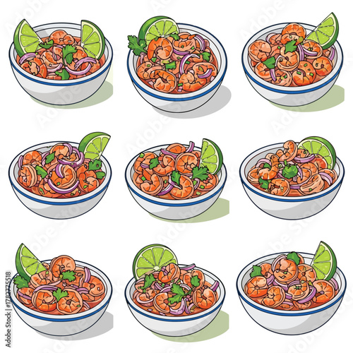Thai food vector nine bowls of shrimp ceviche with lime and onion