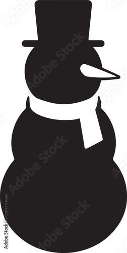 snowman with hat, unique minimalist snowman silhouette design, A festive black silhouette of a snowman with a top hat and scarf, festive christmas season characters cheerful,