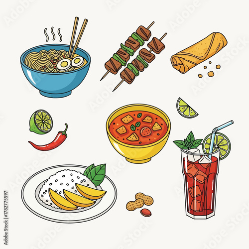 Thai food vector collection of asian food and drink items