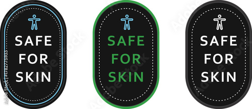 Safe For Skin Labels in Blue, Green, Black | Product Safety Badges for Cosmetics and Personal Care Products | safe for skin dermatologically tested label design, skin friendly natural product badge
