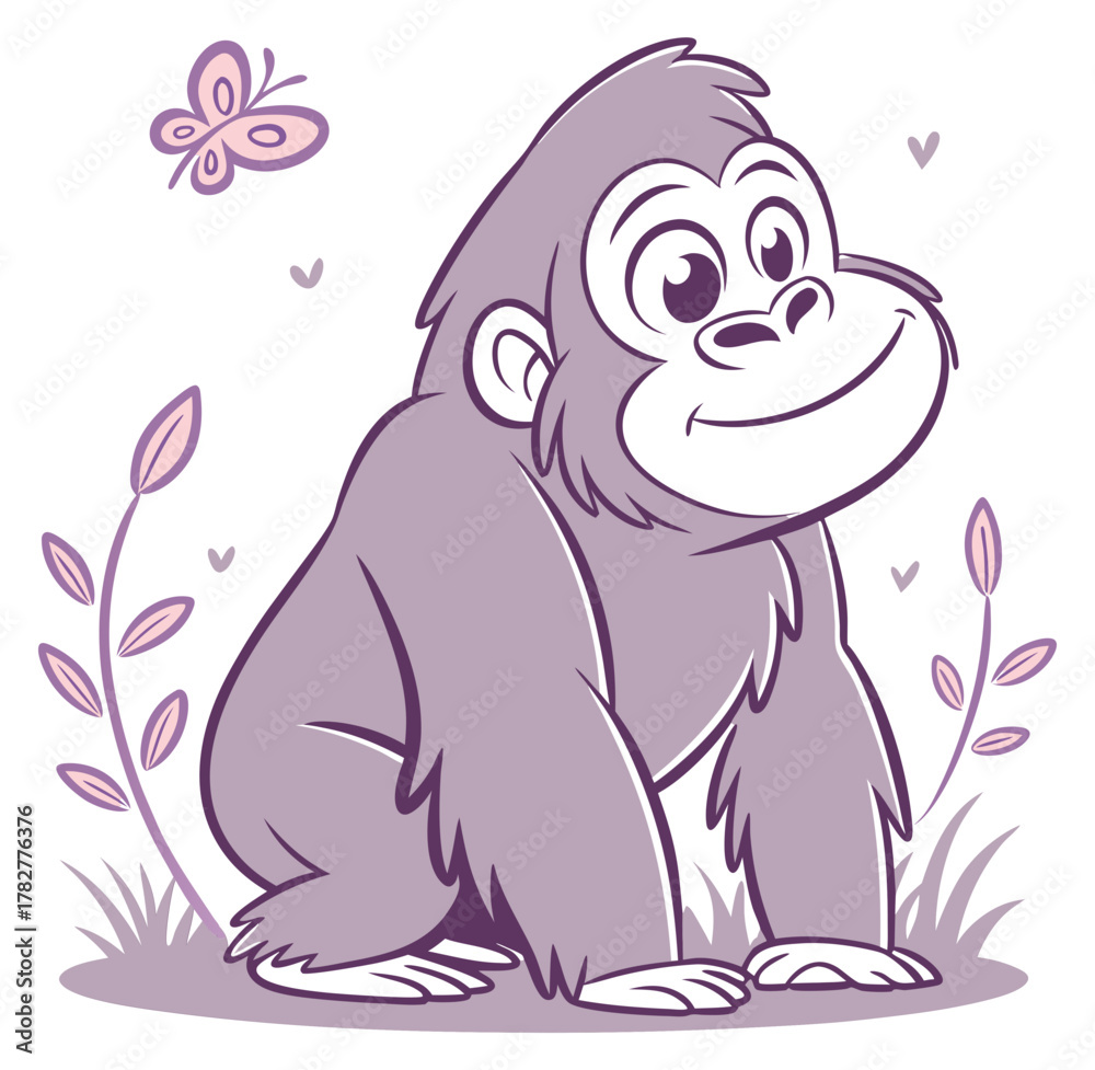 Obraz premium Adorable cartoon gorilla sitting peacefully smiles at a nearby butterfly surrounded by plants