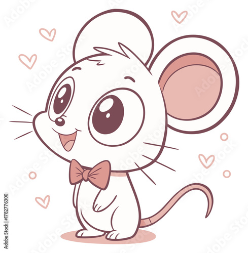 A very happy white mouse with a pink bowtie and floating hearts around its head.Isolated transparent background ( include cut-out PNG file )
