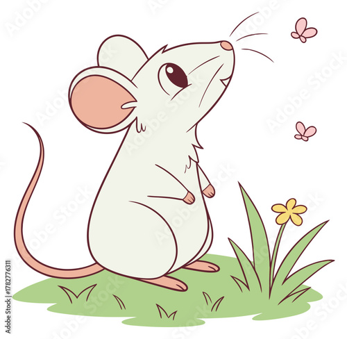 A small white mouse standing on grass looking up at two pink butterflies.Isolated transparent background ( include cut-out PNG file )