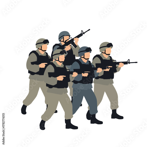 Group of Soldiers in Tactical Gear with Rifles. Vector Illustrations. EPS Editable