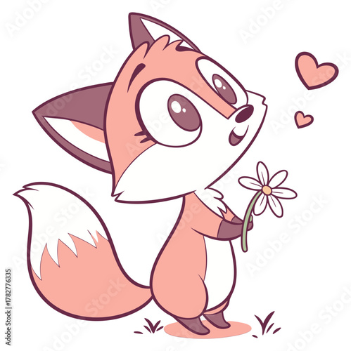Adorable rosy fox character holding a daisy flower with happy loving expression design Isolated transparent background ( include cut-out PNG file )