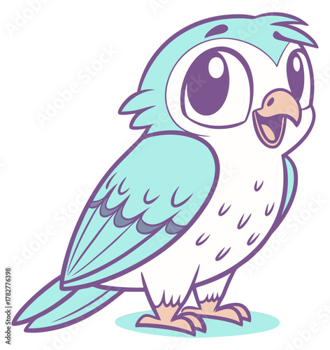 Adorable turquoise owl cartoon with huge eyes and an open beak smiling happily