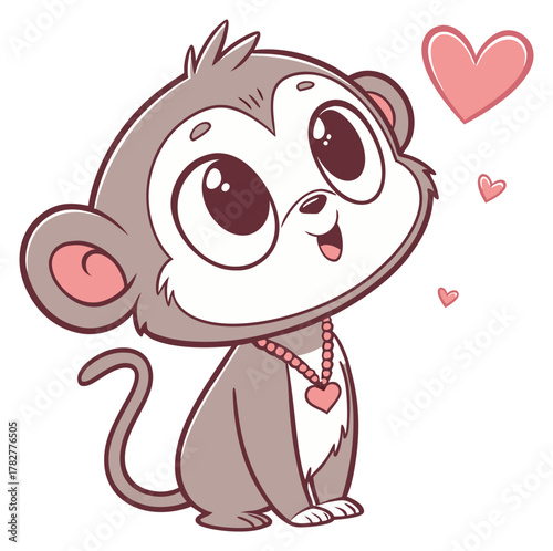 Cute cartoon monkey looking up wearing a heart bead necklace surrounded by hearts.Isolated transparent background ( include cut-out PNG file ).