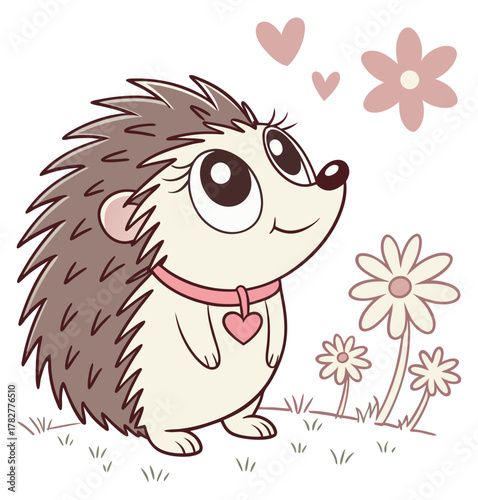 Adorable cartoon hedgehog with heart collar standing among flowers and hearts.Isolated transparent background ( include cut-out PNG file ).
