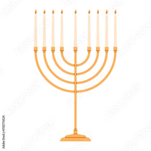 Hanukkah menorah with nine candles. Hanukkiah. Nine-branched candelabrum for traditional Jewish holiday. Flat style, isolated on white background