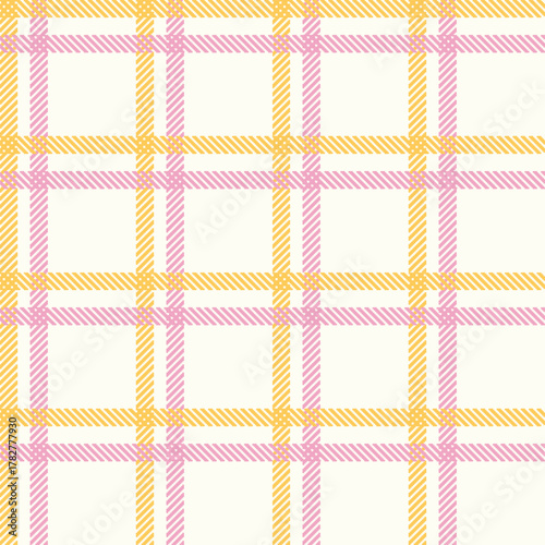 A soft pastel tartan pattern in candyfloss pink and honey mustard tones on a cream background. Perfect for kids’ products, packaging, stationery, textiles, spring designs, and cute branding.
