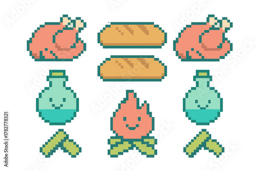 Pixel art icons of fantasy food and adventure items including roasted meat, bread, potions, and campfire