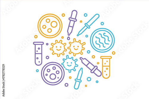 Circular composition of microbiology laboratory equipment and cute cartoon germs