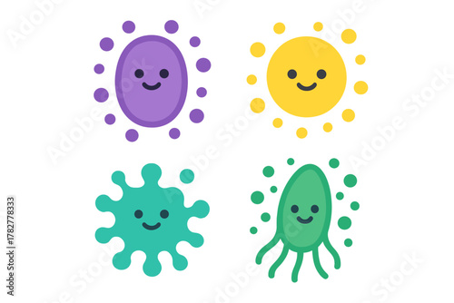 Four colorful cartoon microorganisms with happy faces representing bacteria and viruses