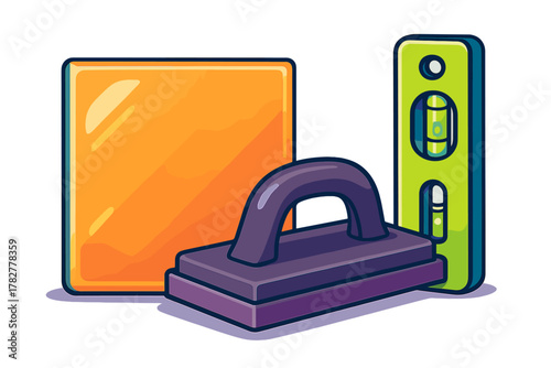 Essential construction and tiling tools featuring a spirit level and grout float on a white background