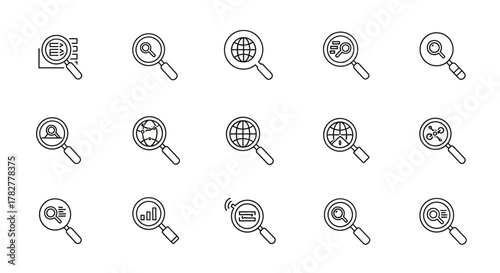 A comprehensive set of search and find thin line icons featuring a magnifying glass for various web and application concepts. EPS Editable