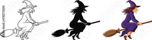 Halloween witch on broomstick set