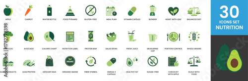 30 Nutrition Icons Set Apple Carrot Water Bottle Food Pyramid Gluten Free Meal Plan Vitamin Capsule Blender Heart Leaf Balanced Diet Broccoli Avocado Calorie