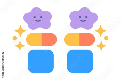 Happy purple clouds above colorful medicine capsules and blue geometric shapes