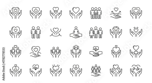 Collection of Hand Drawn Icons Representing Care and Support. EPS Editable