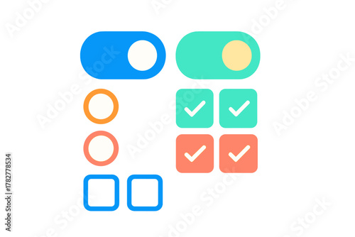 Colorful user interface elements set featuring toggle switches, radio buttons, and checkboxes