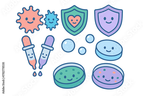 Cute cartoon characters representing science medicine immunity and laboratory research