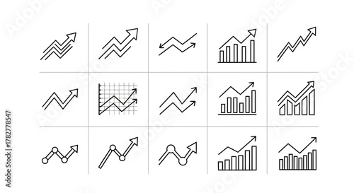 Collection of Hand Drawn Upward Trend and Growth Charts Icons. EPS Editable