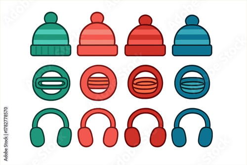 Colorful set of winter headwear icons including striped beanies, round ear warmers, and earmuffs