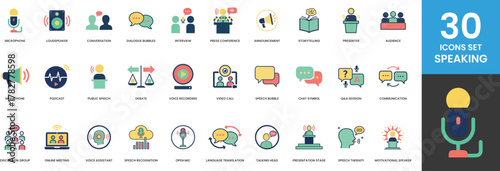 30 Speech and Communication Icons Set Microphone Loudspeaker Conversation Dialogue Interview Press Conference Announcement Storytelling Presenter Audience