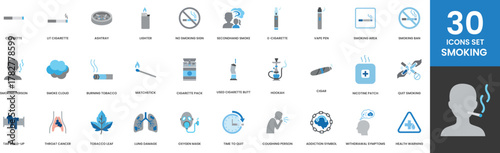 Smoking and Vaping Icon Set 30 Flat Symbols for Cigarettes Lighters Ashtrays Secondhand Smoke No Smoking Signs E Cigarette Vape Pen Hookah Nicotine Patch