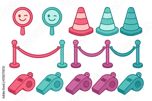 Cute pastel collection of safety cones, crowd control stanchions, referee whistles, and winking hand mirrors