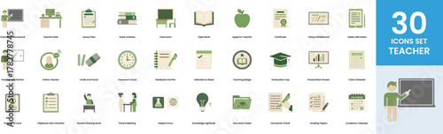 30 Icons Set Teacher Education Concept Graphic Symbols Teacher at Blackboard Desk Lesson Plan Books Classroom Open Book Apple Certificate Virtual Whiteboard