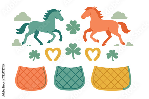 Colorful running horses, lucky shamrocks, heart horseshoes, and quilted saddle pads collection