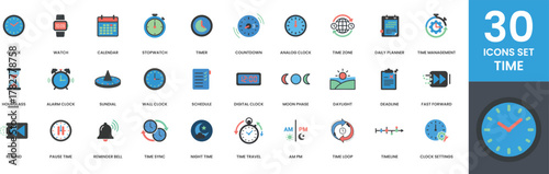 Time Icons Set Vector Graphic Thirty Flat Symbols for Clock Watch Calendar Stopwatch Timer Countdown Analog Clock Time Zone Daily Planner Time Management