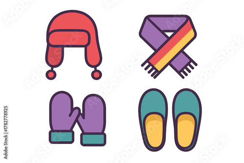 Colorful set of winter accessories and indoor footwear including a hat, scarf, mittens, and slippers
