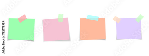 Set of colored sticky notes and notebook pages with adhesive tape. Smooth paper sheets in realistic vector style for memo board, schedule, or business presentation.