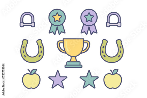 Colorful icons set for horse riding competition awards, featuring golden trophy and lucky horseshoes
