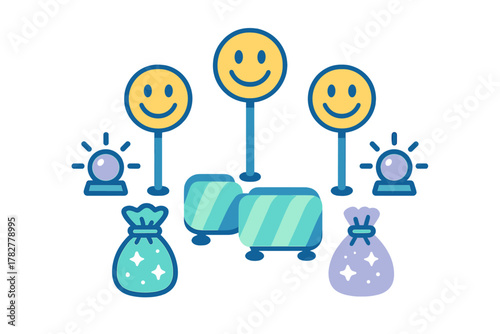 Game show elements with happy face signs, prize bags, and crystal balls for fortune telling