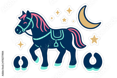 Cute stylized dark blue horse with pink mane and tail surrounded by golden stars and a crescent moon