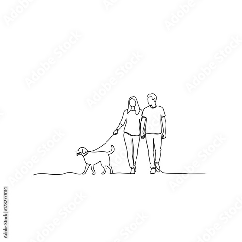 Couple walking dog together with happiness in minimalist line art  