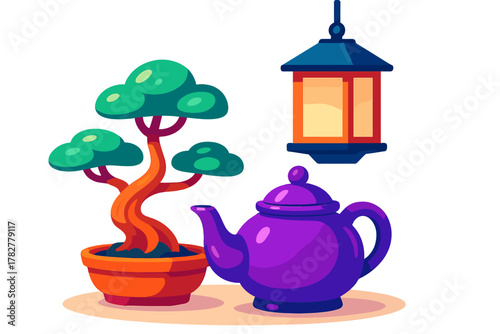 Stylized purple teapot next to a vibrant potted bonsai tree and traditional hanging lantern