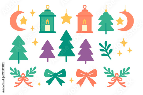 Colorful holiday and winter decorative elements including trees lanterns bows and stars