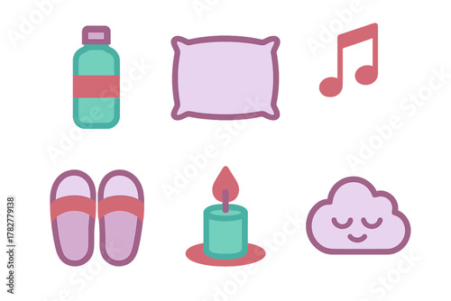 Simple graphic symbols for sleep, wellness, comfort, and relaxation routine