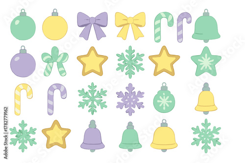 Cute pastel holiday decorations featuring ornaments bows candy canes stars and bells