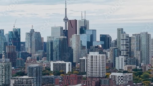 Beautiful drone view of the downtown Toronto skyline looking southwest in autumn, Ontario, Canada. Toronto architecture and skyscrapers.